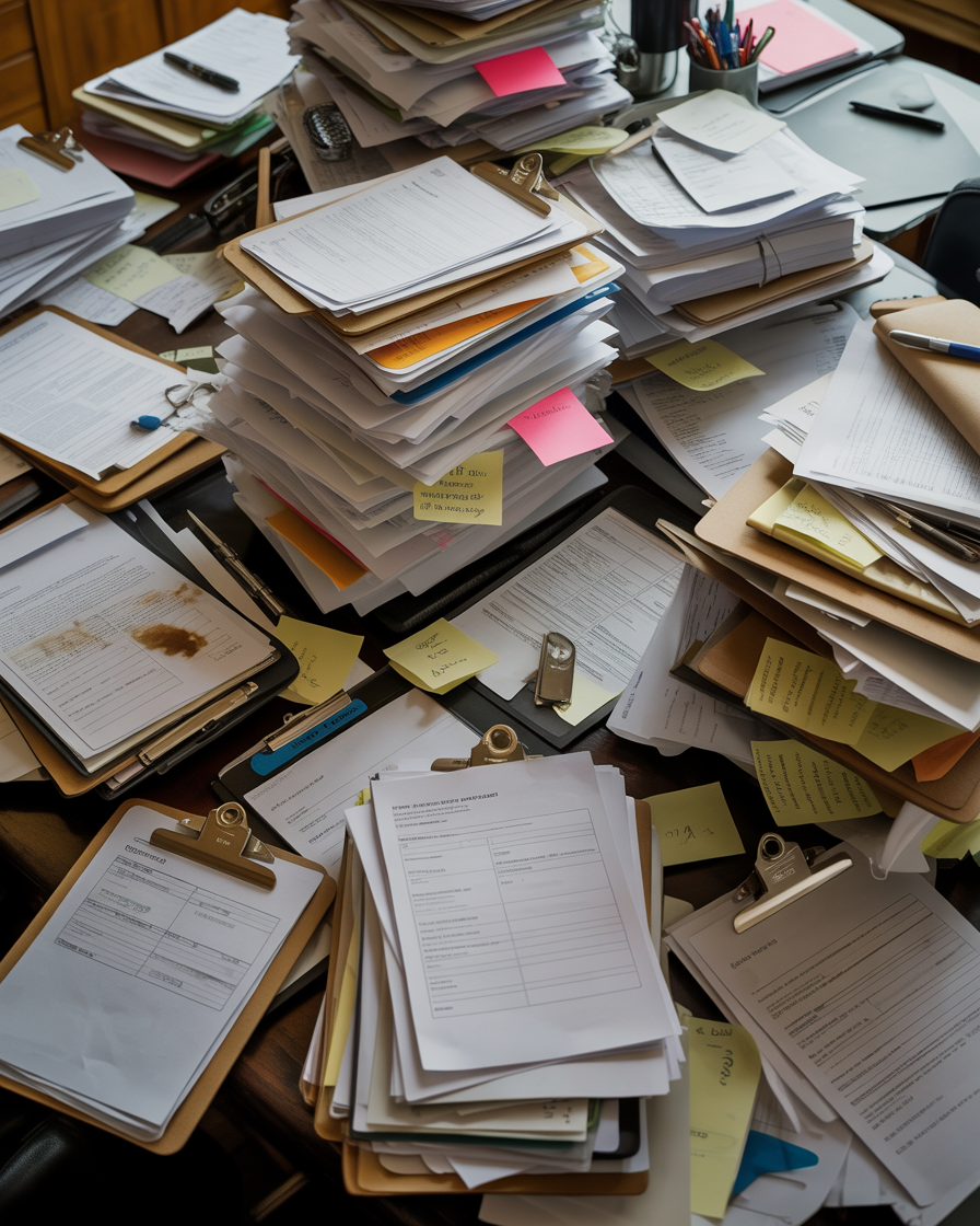 Cluttered paper documents and forms on a messy desk